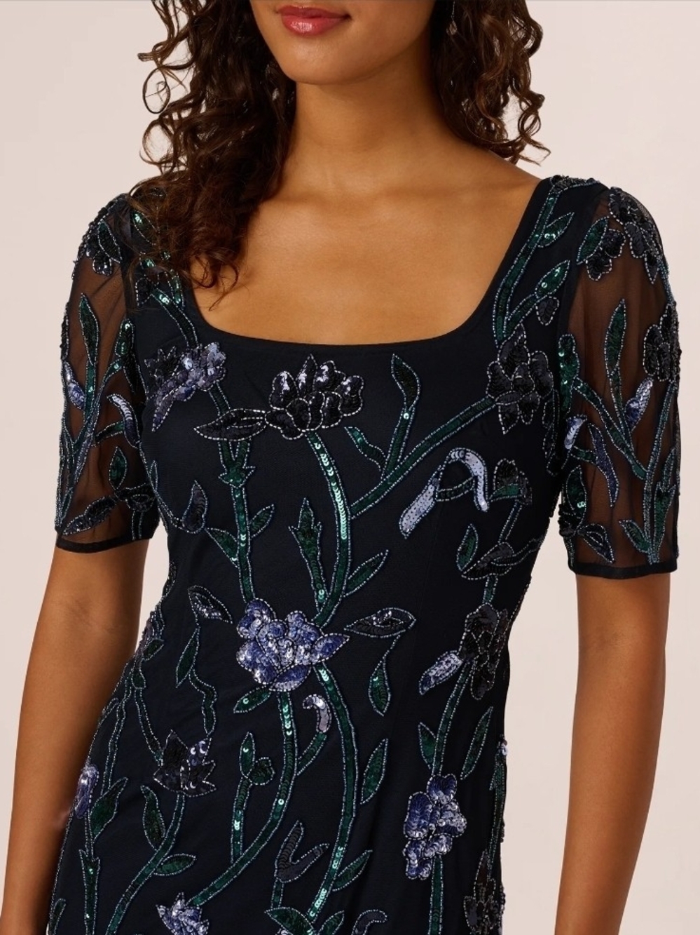 ADRIANNA PAPELL Dress Square Neck  Beaded Godet Gown In Midnight Size 14 Petite - Picture 2 of 10